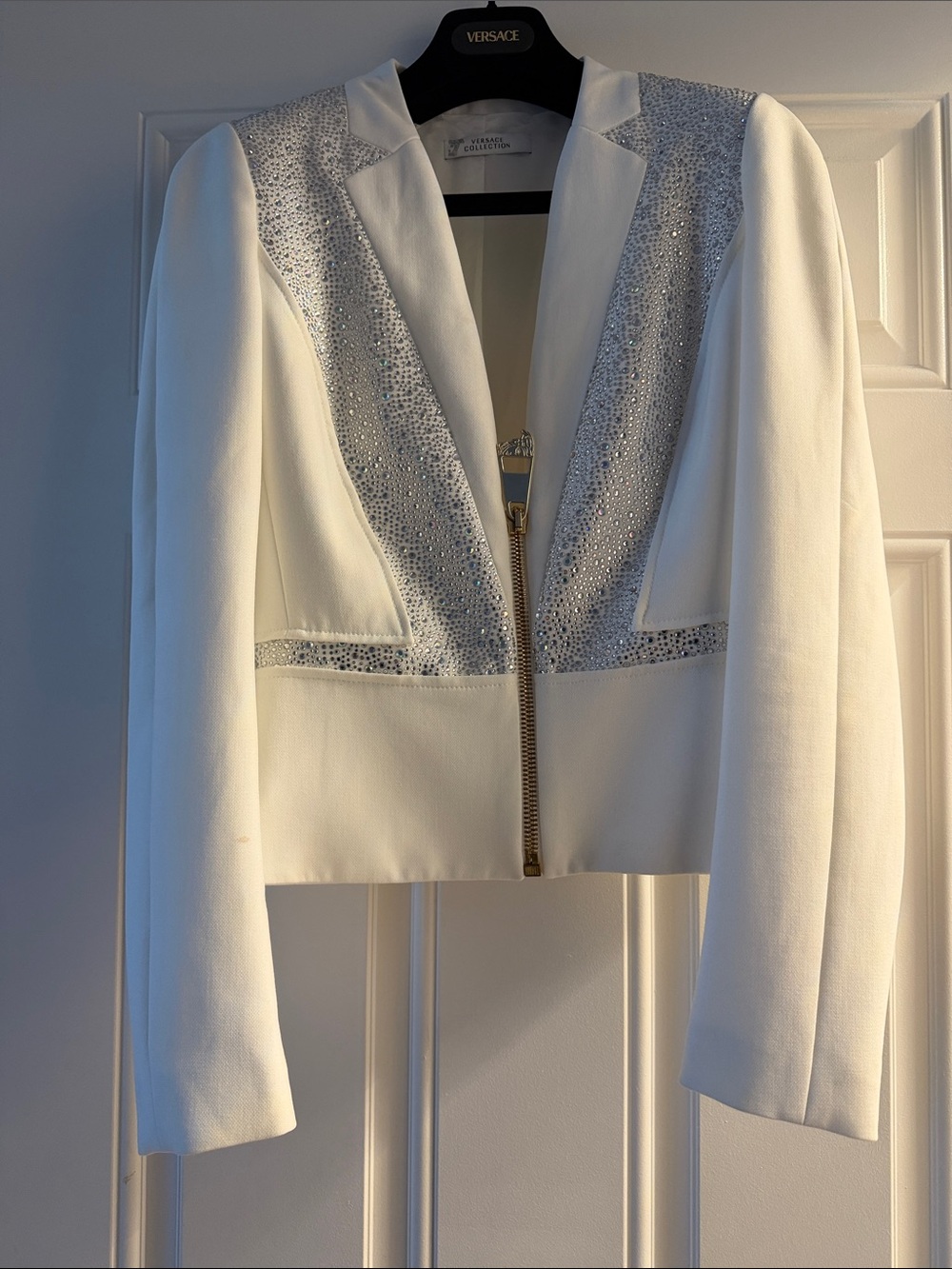 Versace Collection White Crystal-Embellished Zip Blazer